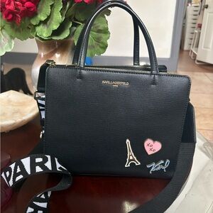 Karl Lagerfeld Black Satchel with Pink and Gold Accents